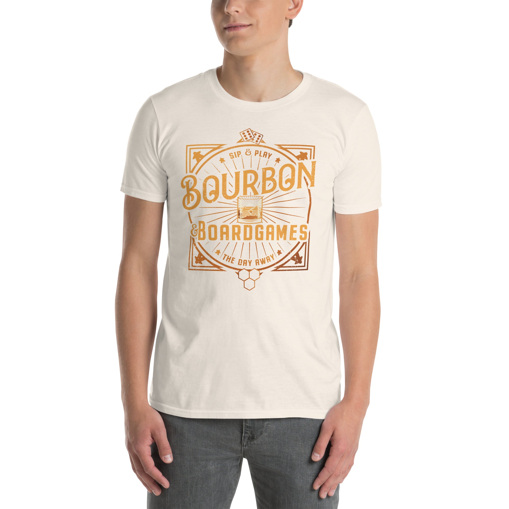 Bourbon and Board Games design on an off-white T-Shirt being worn by a Model