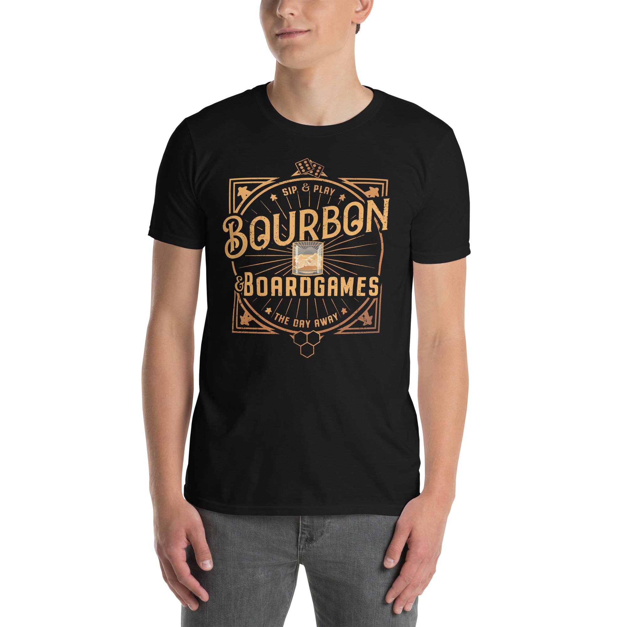 Bourbon and Board Games T-Shirt on Male Model