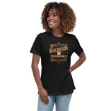 Women's fitted t-shirt printed with the phrase "Bourbon and Board Games" in bold lettering, designed for tabletop gamers who enjoy a drink during game night.