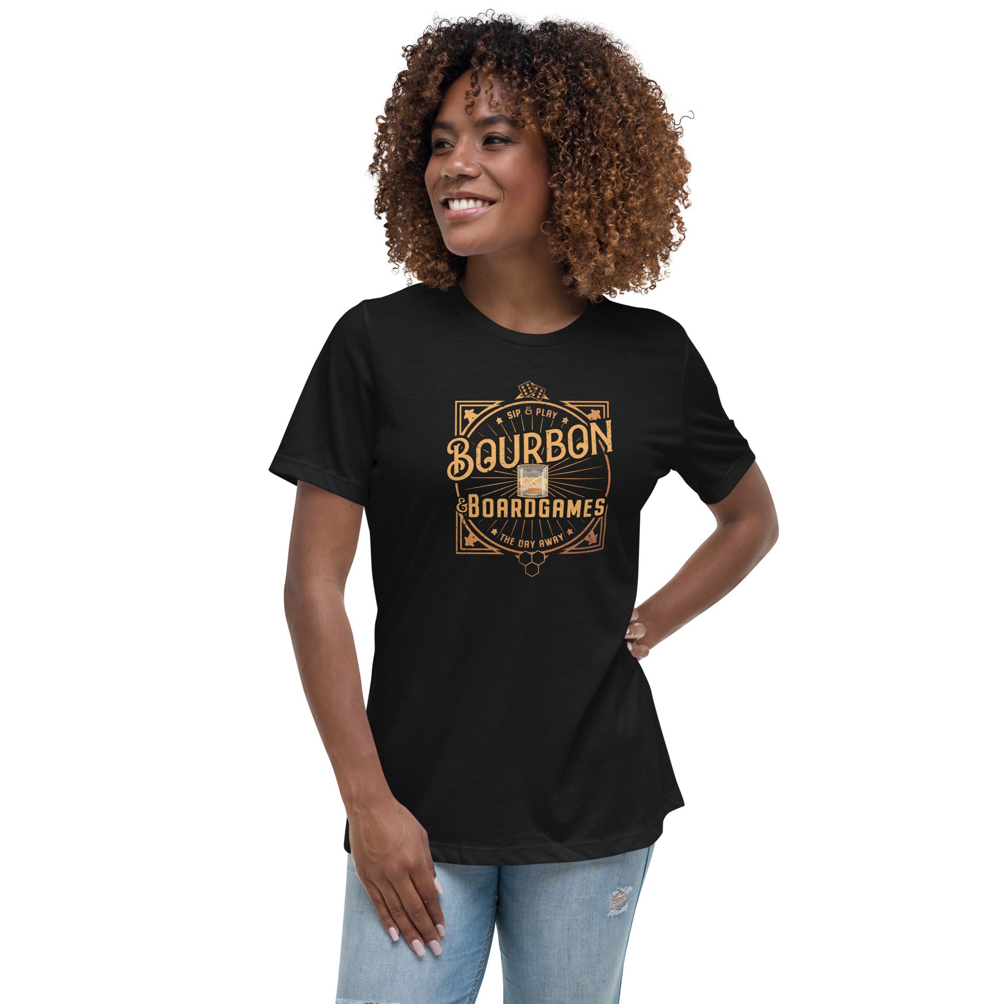 Women's fitted t-shirt printed with the phrase "Bourbon and Board Games" in bold lettering, designed for tabletop gamers who enjoy a drink during game night.