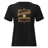 Black women's t-shirt with the bourbon and board games design printed on the front.