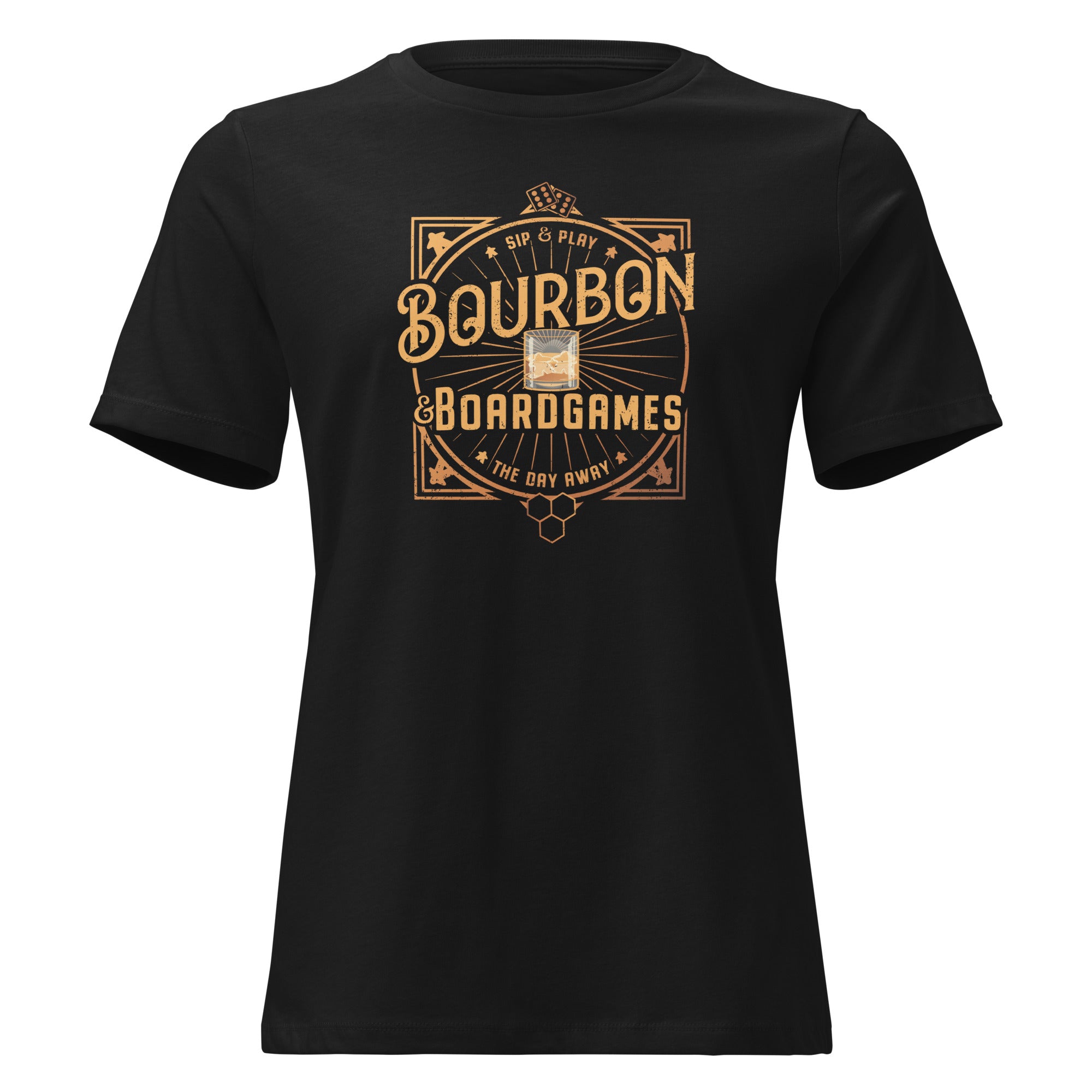 Black women's t-shirt with the bourbon and board games design printed on the front.
