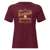 Red women's t-shirt with the bourbon and board games design printed on the front of it