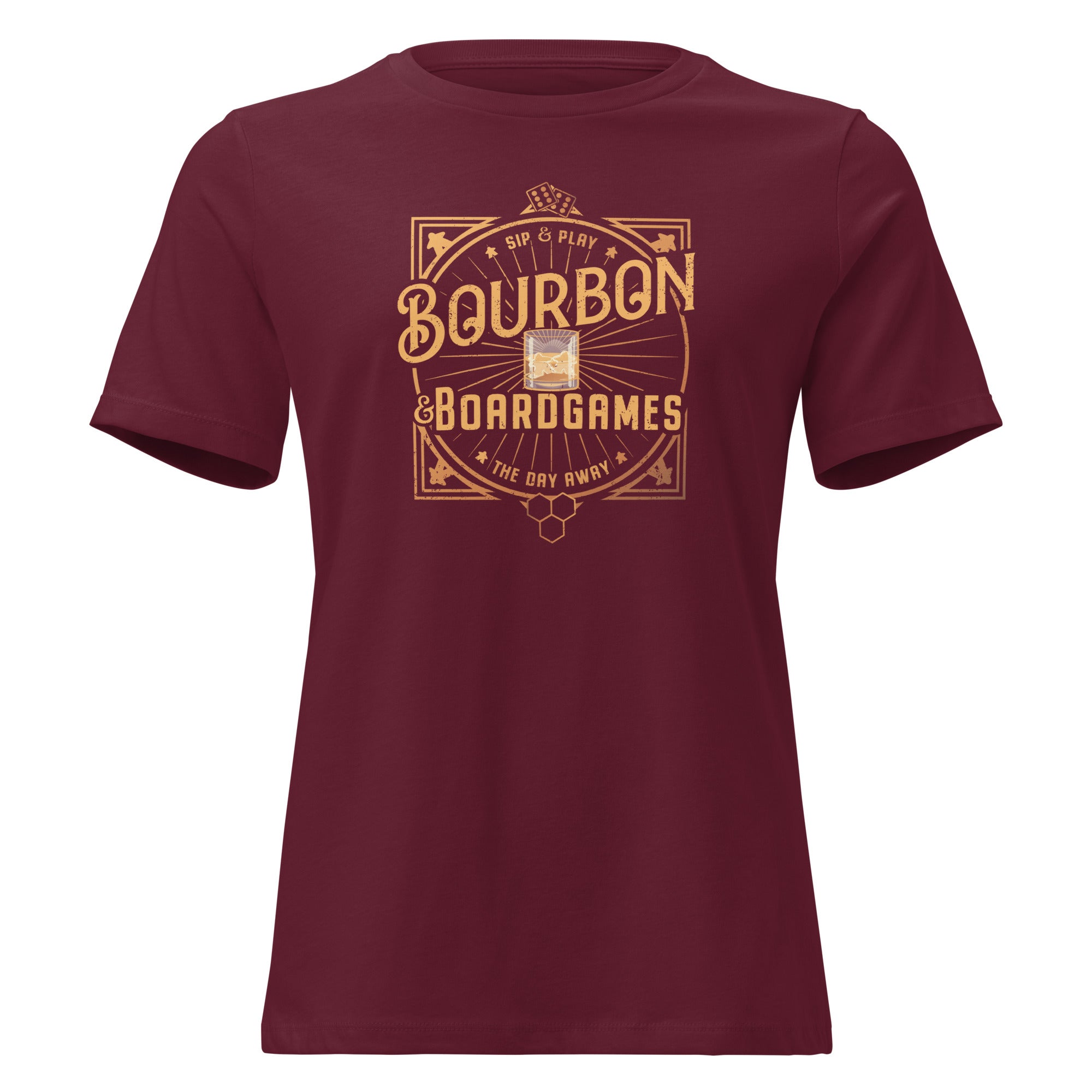 Red women's t-shirt with the bourbon and board games design printed on the front of it