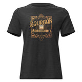 heather grey women's t-shirt with the bourbon and boardgames design printed on the front