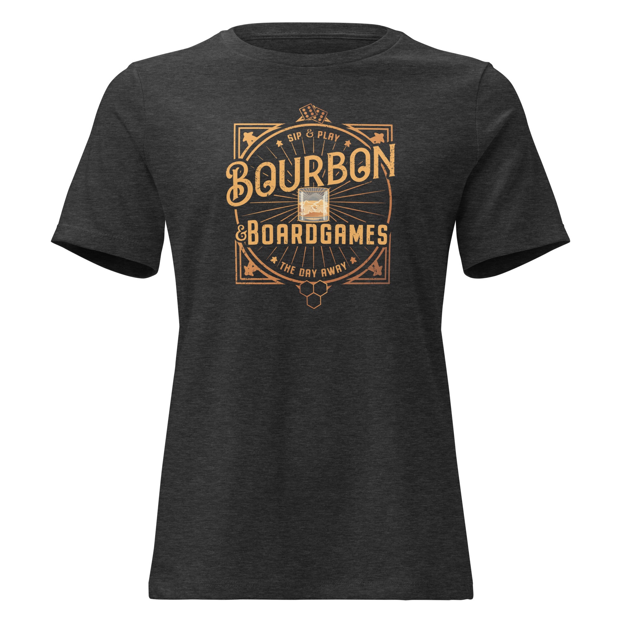 heather grey women's t-shirt with the bourbon and boardgames design printed on the front