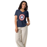 A women's V-neck t-shirt in 100% ringspun cotton printed with a red, white, and blue shield design featuring a wooden meeple at its center in place of a star.