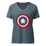 A women's heather slate blue V-neck t-shirt featuring a distressed Captain shield graphic with a meeple on the chest, displayed against a solid white background.
