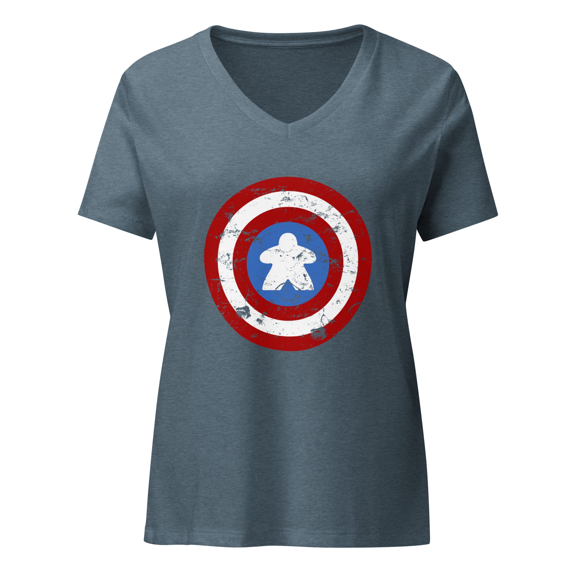 A women's heather slate blue V-neck t-shirt featuring a distressed Captain shield graphic with a meeple on the chest, displayed against a solid white background.