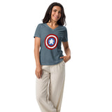 Woman wearing a blue t-shirt with captain meeple shield on a white background