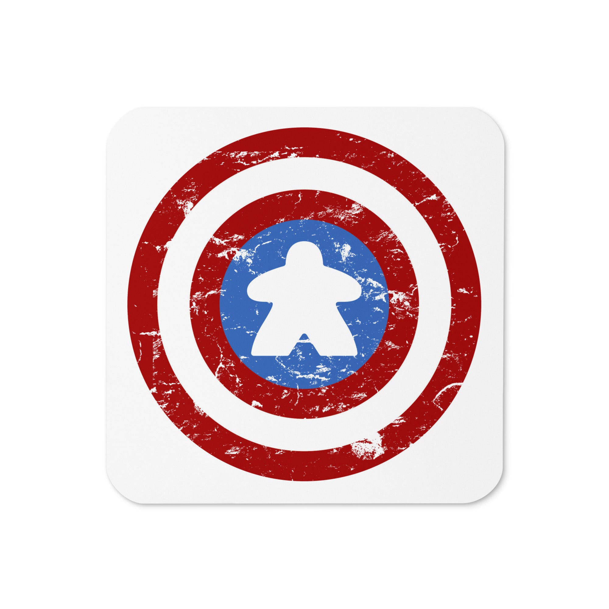 A coaster with a cork backing printed with a red, white, and blue shield design featuring a meeple at its center in place of a star.