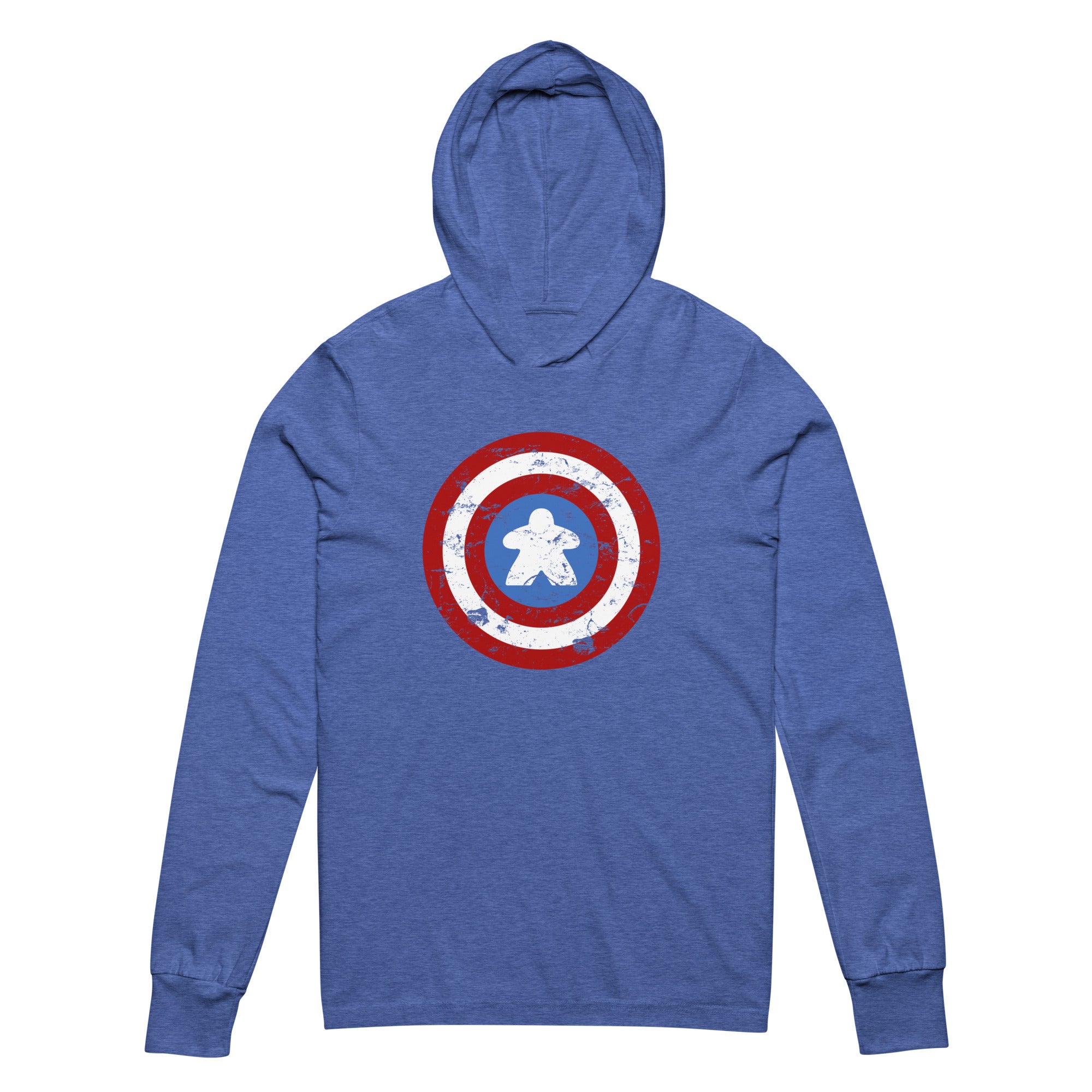 A heather blue long-sleeve hoodie with a distressed Captain Meeple shield graphic on the chest, featuring a white star emblem in the center, shown against a plain white background.