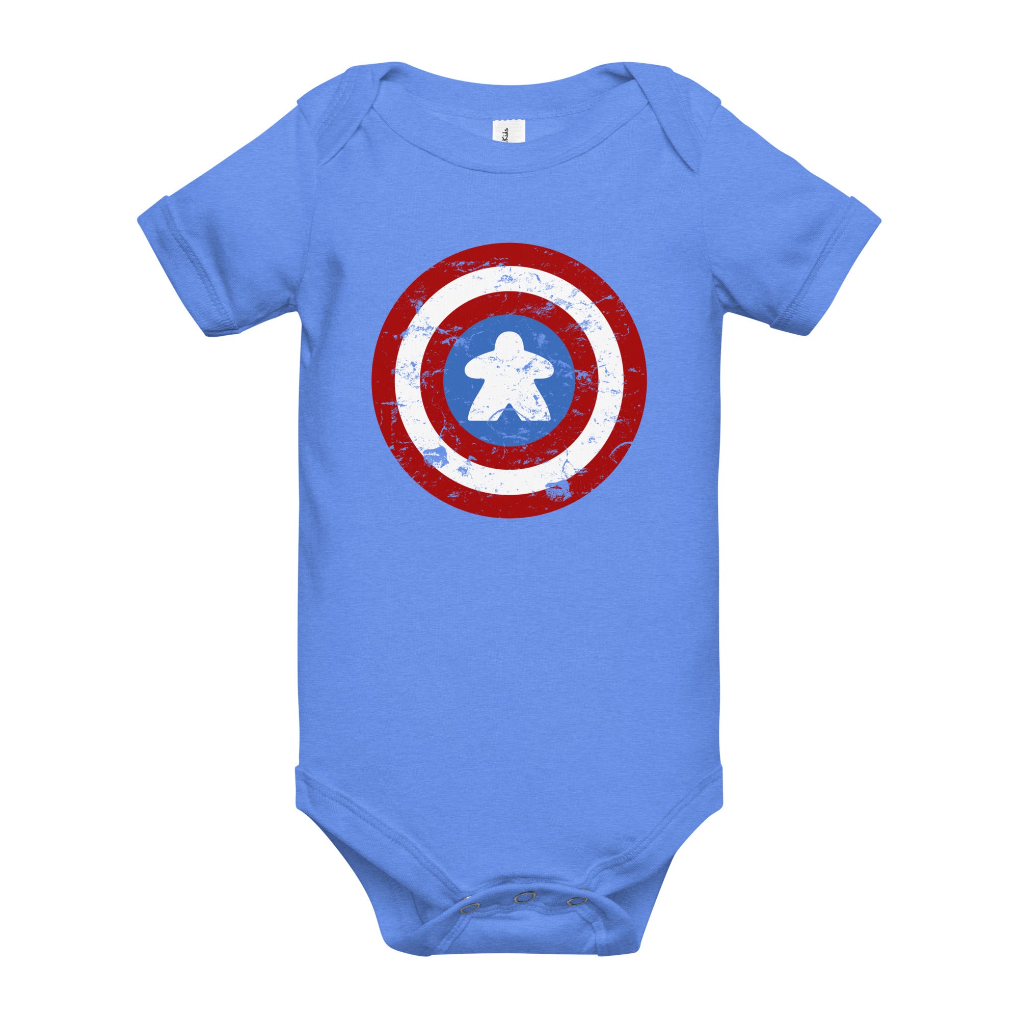 A baby short-sleeve bodysuit in light blue, featuring a distressed Captain Meeple shield graphic on the chest with red, white, and blue colors.
