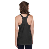 Woman wearing a black tank top on a white background. Model shot of the back of the tank top