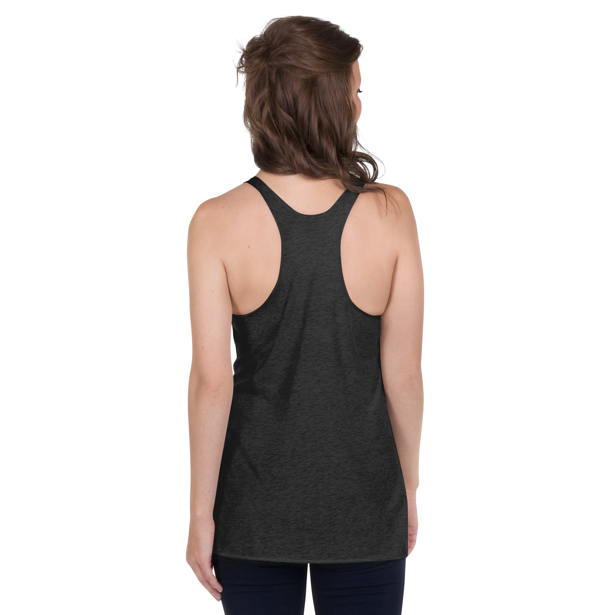 Woman wearing a black tank top on a white background. Model shot of the back of the tank top