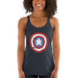 Woman wearing a vintage black racerback tank top with the Captain Meeple shield on the front featuring a meeple at the center instead of a star.