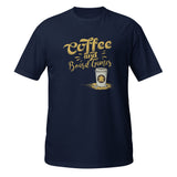 A navy blue short-sleeve t-shirt with a graphic on the chest that reads 'Coffee and Board Games' in a gold cursive font, above an illustration of a takeaway coffee cup with a meeple on it.