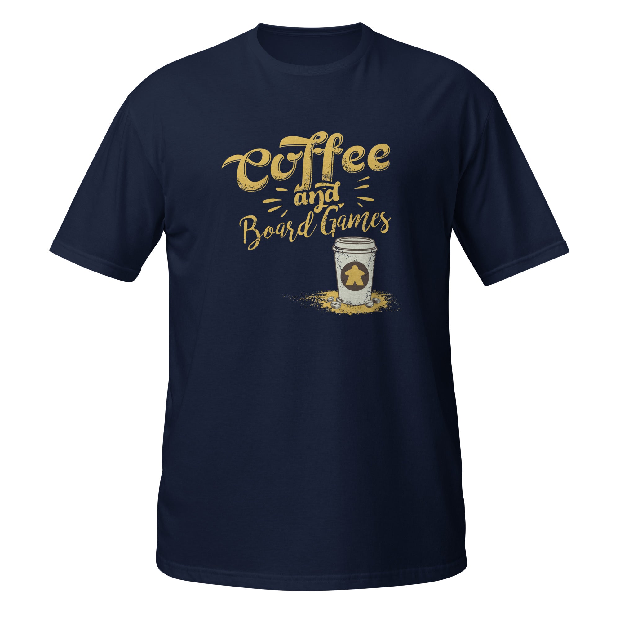 A navy blue short-sleeve t-shirt with a graphic on the chest that reads 'Coffee and Board Games' in a gold cursive font, above an illustration of a takeaway coffee cup with a meeple on it.