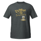 A dark heather gray t-shirt with a graphic on the chest that reads 'Coffee and Board Games' in a textured gold font, above an illustration of a takeaway coffee cup with a meeple on it.