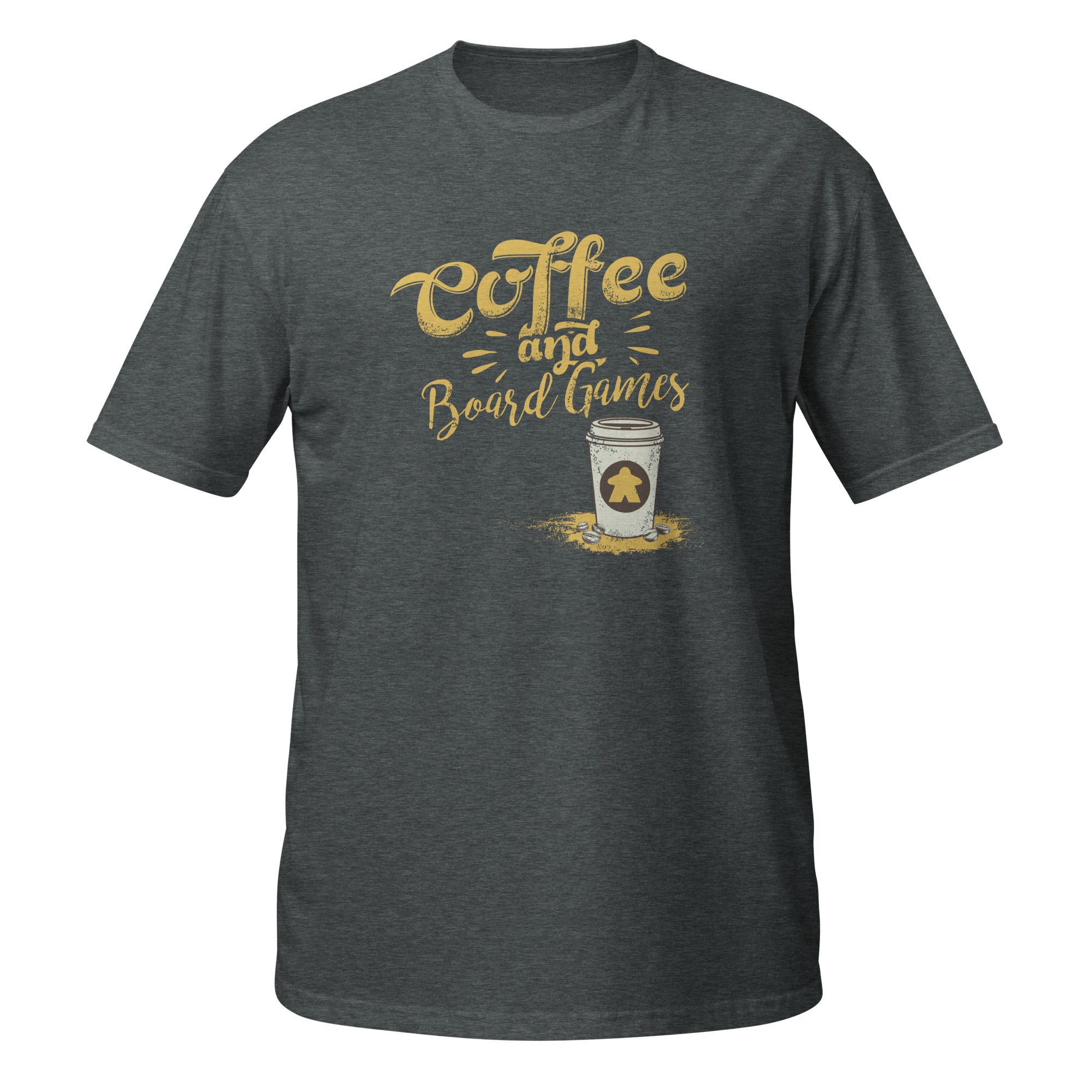 A dark heather gray t-shirt with a graphic on the chest that reads 'Coffee and Board Games' in a textured gold font, above an illustration of a takeaway coffee cup with a meeple on it.