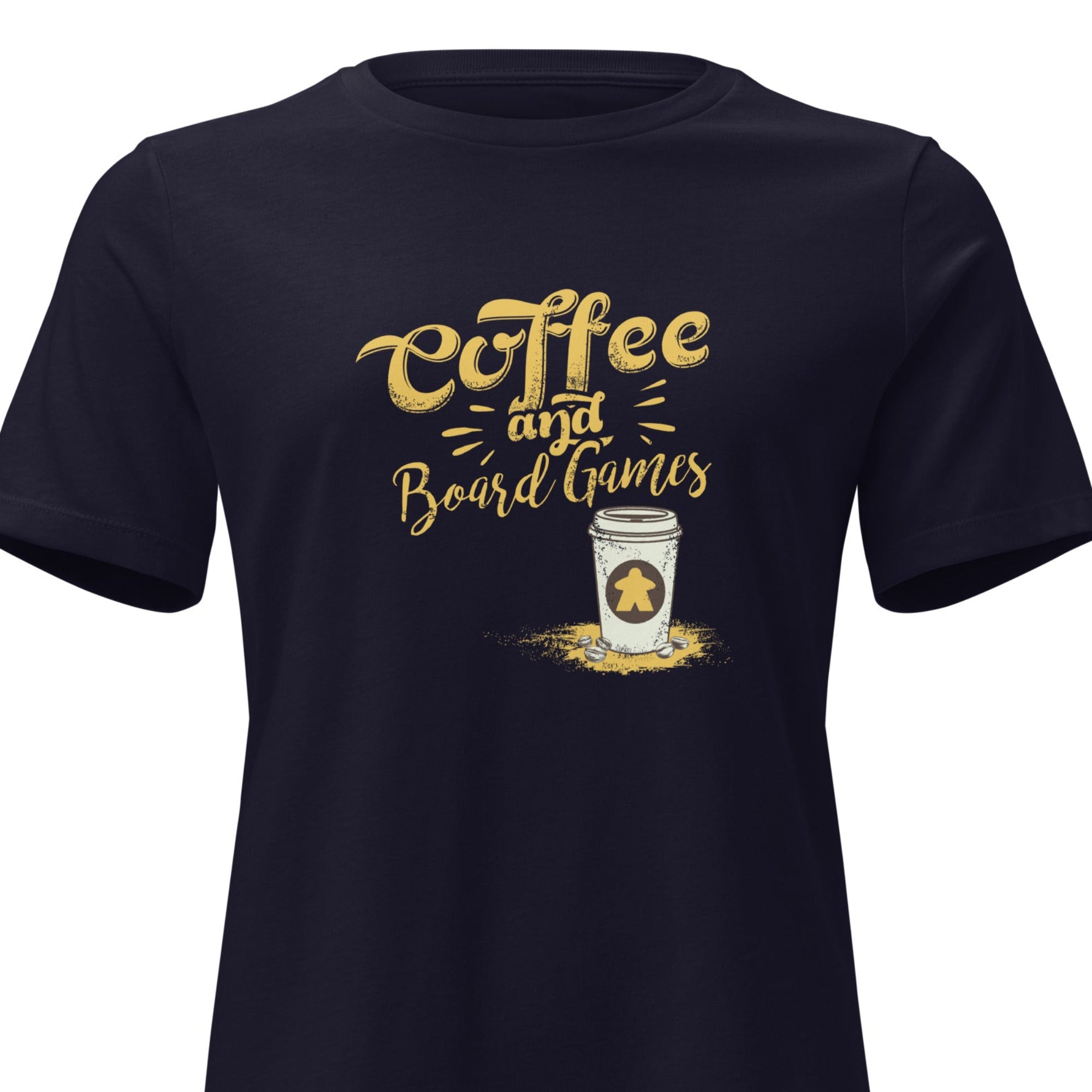 A navy blue short-sleeve t-shirt with a gold graphic print on the chest that reads 'Coffee and Board Games' above an illustration of a coffee cup.