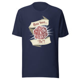 Navy t-shirt with a 20 sided dice showing a natural 1 with a scroll above and below saying "How 'Bout No" on it