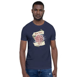 Model wearing a navy t-shirt with a 20 sided dice showing a natural 1 with a scroll above and below saying "How 'Bout No" on it