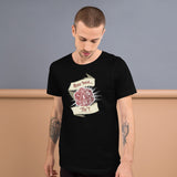 Model wearing a black t-shirt with a 20 sided dice showing a natural 1 with a scroll above and below saying "How 'Bout No" on it