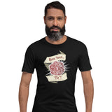 A man wearing a black short-sleeve t-shirt with a graphic print of a red 20-sided die and banners reading 'How bout... No?'.