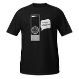 A black short-sleeve crewneck t-shirt featuring a white graphic of a D20 die and a speech bubble that reads 'I'm Afraid I Can't Let You Do That'