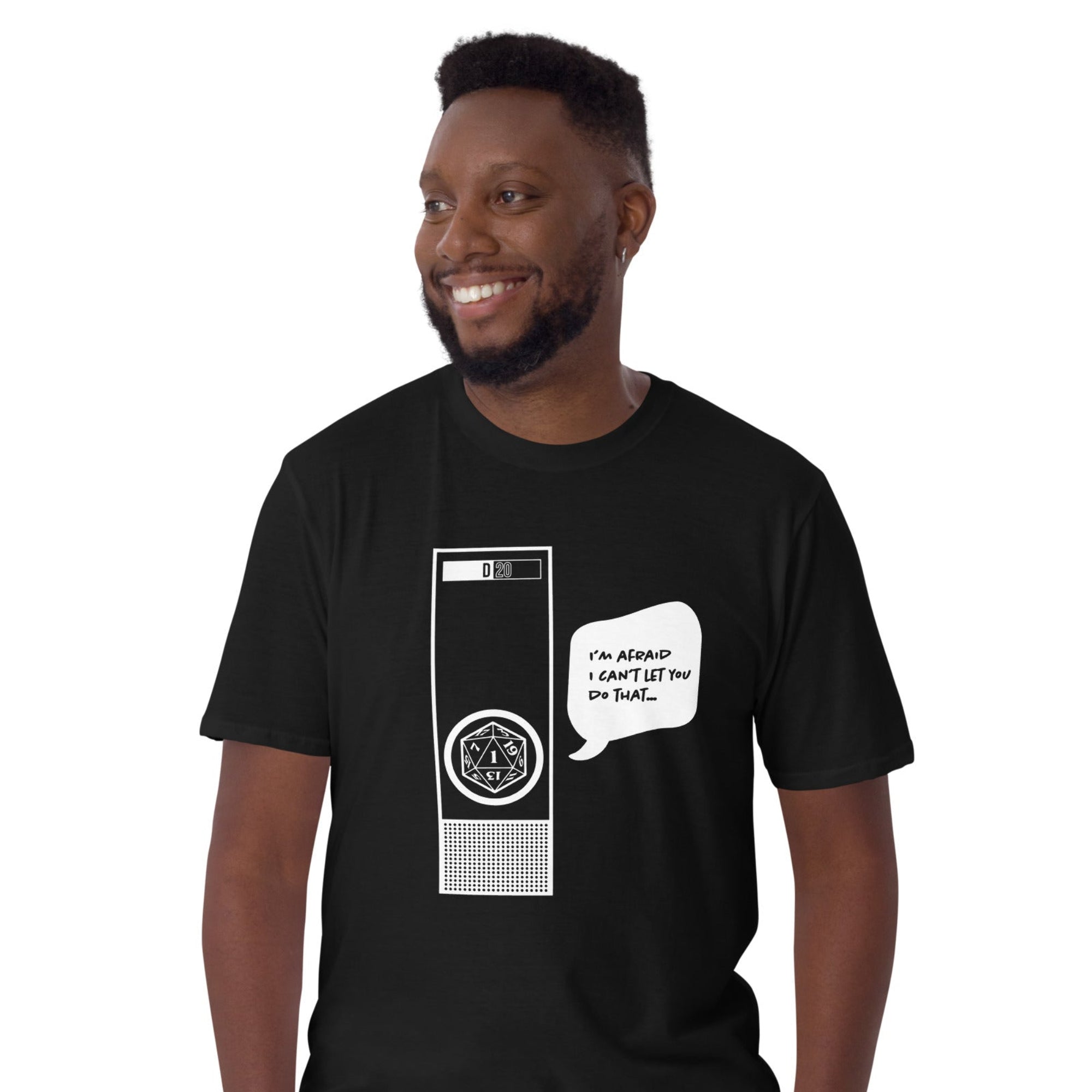 A man wearing a black short-sleeve t-shirt with a white graphic of a flip phone and a speech bubble that reads 'I'm Afraid I Can't Let You Do That'