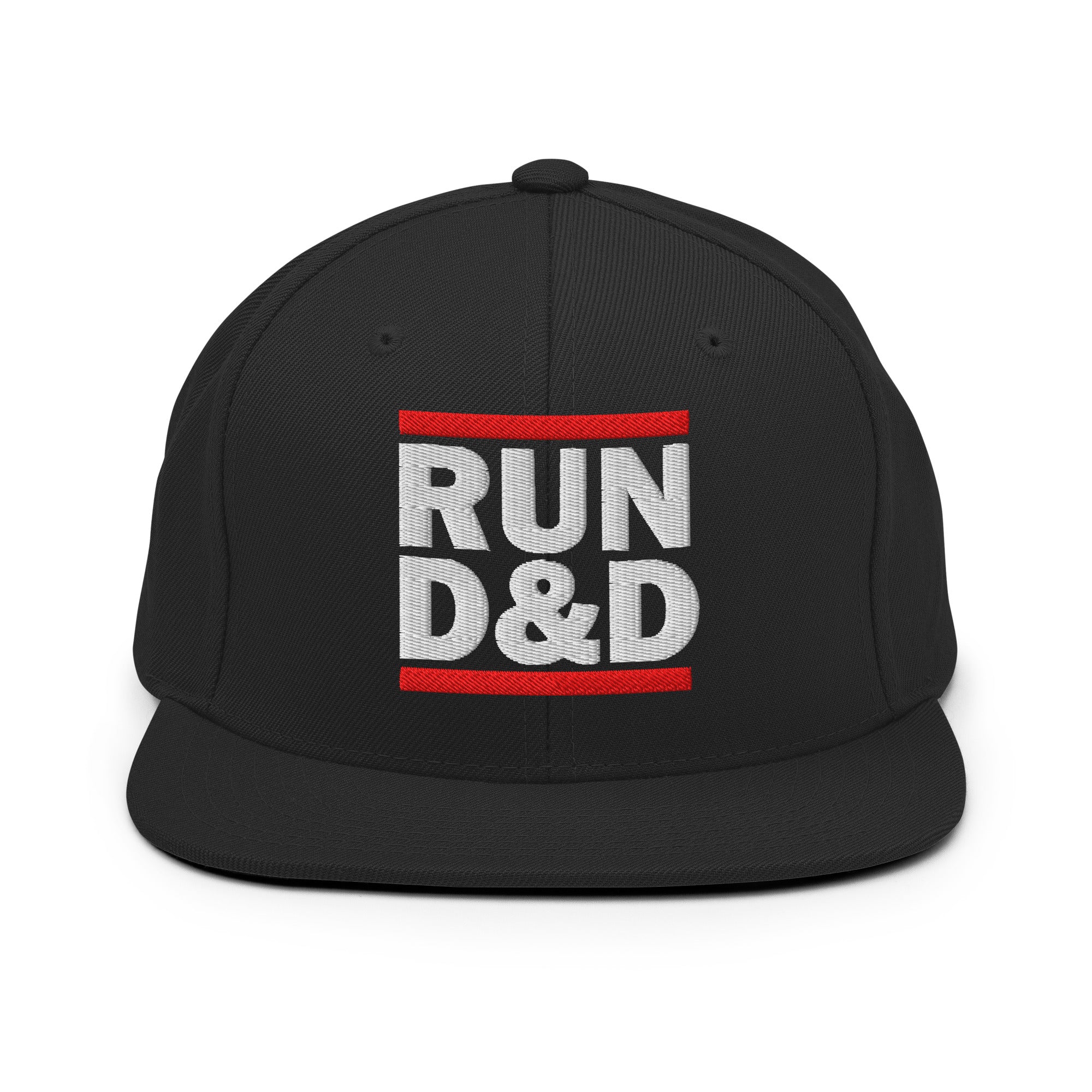 black snapback flat bill hat with run D&D embroidered on the front of it
