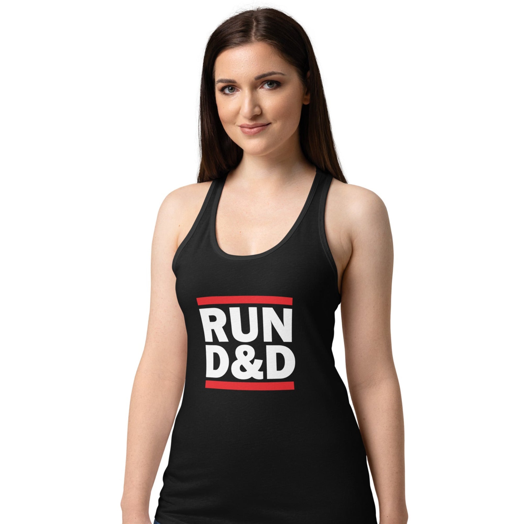 A woman modeling a black racerback tank top with a graphic on the front that says Run D&D with red bars above and below it