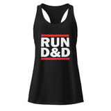 A black racerback tank top featuring a bold graphic on the chest with the text 'RUN D&D' in white, framed by two horizontal red stripes, shown against a plain white background.