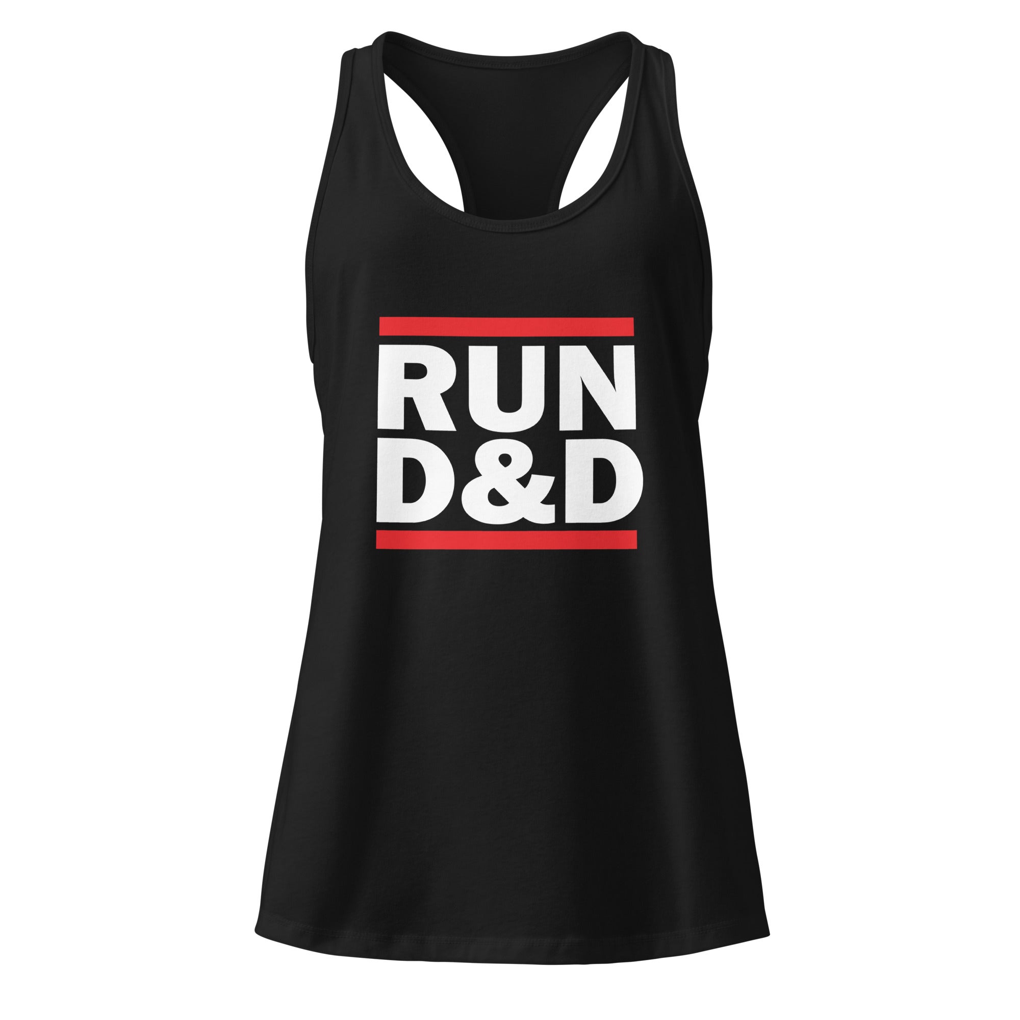 A black racerback tank top featuring a bold graphic on the chest with the text 'RUN D&D' in white, framed by two horizontal red stripes, shown against a plain white background.