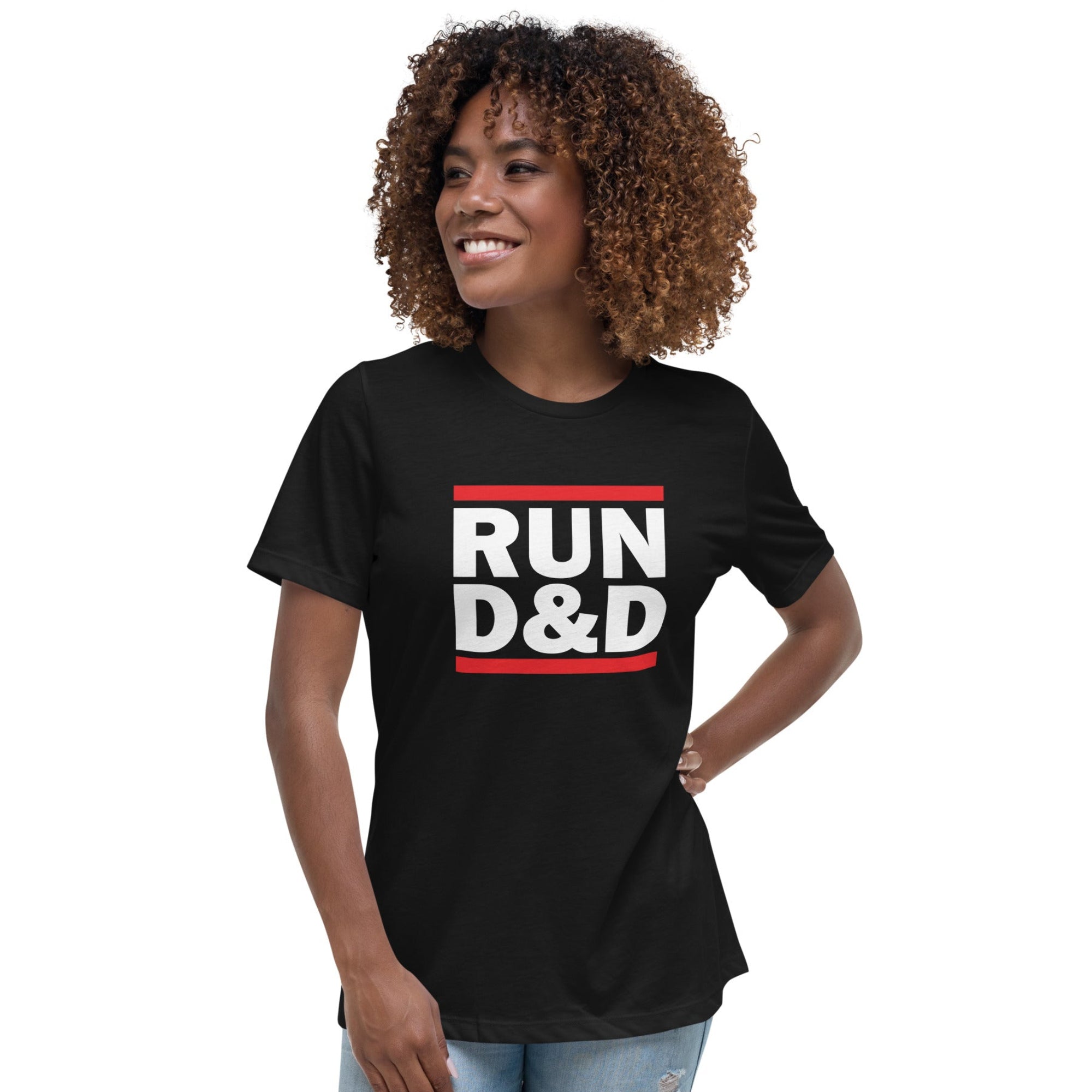 Woman wearing a black t-shirt with a Run D&D graphic design on a white background