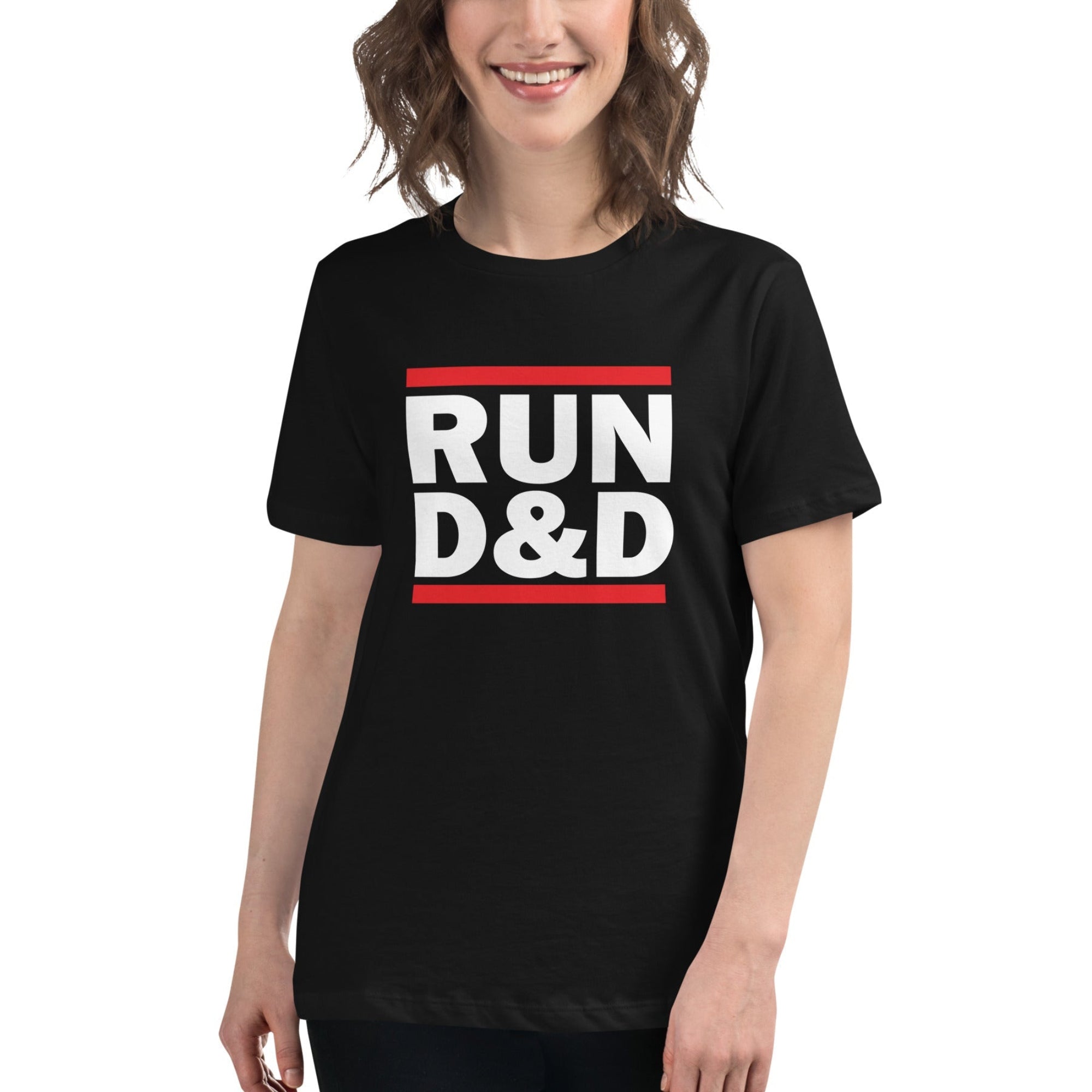 A woman wearing a black short-sleeve t-shirt with a bold graphic on the chest that reads 'RUN D&D' in white letters, framed by two red horizontal lines, against a plain white background.