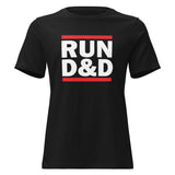 A black short-sleeve crewneck t-shirt featuring a bold graphic on the chest with the text 'RUN D&D' in white block letters, framed by two horizontal red bars, shown against a plain white background.