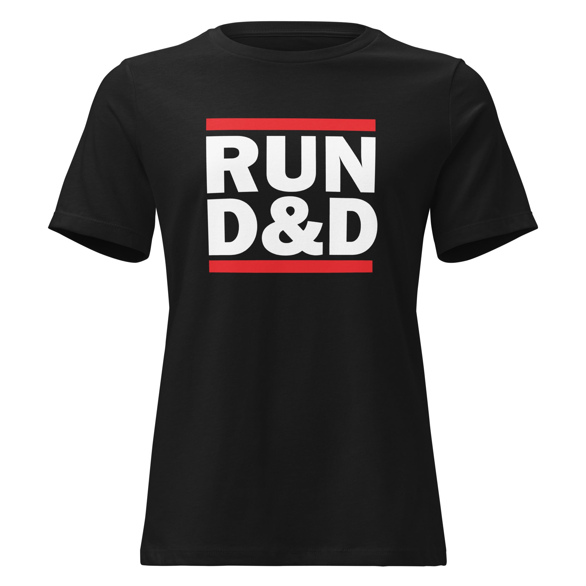 A black short-sleeve crewneck t-shirt featuring a bold graphic on the chest with the text 'RUN D&D' in white block letters, framed by two horizontal red bars, shown against a plain white background.