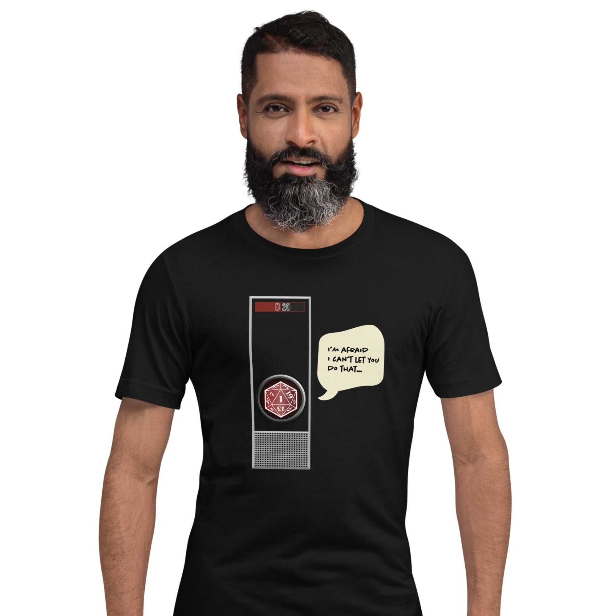 A man with a beard modeling a black short-sleeve t-shirt with a graphic of a retro computer terminal and a speech bubble that reads 'I'm Sorry, I Can't Let You Do That'