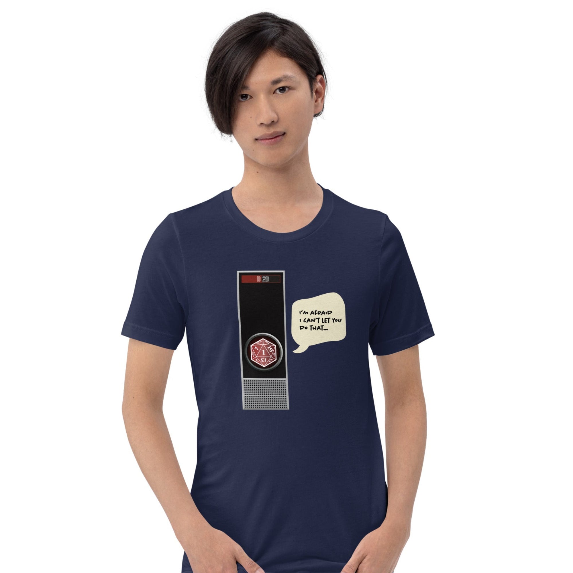 A man wearing a navy blue t-shirt with a retro sci-fi alarm clock graphic and a speech bubble that reads 'I'm Sorry, I Can't Let You Do That'