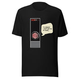 A black short-sleeve crewneck t-shirt featuring a graphic of a DND 20-sided die rolling a red 1, with a speech bubble saying 'I'M AFRAID I CAN'T LET YOU DO THAT.