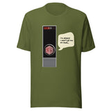 An olive green short-sleeve t-shirt with a graphic print of a computer terminal and a speech bubble that reads 'I'M AFRAID I CAN'T LET YOU DO THAT.