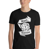 A man wearing a black short-sleeve t-shirt with a white graphic of a 20-sided die and banners reading 'Weeeell... Nevermind.'