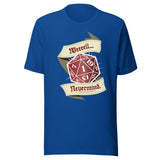 A royal blue short-sleeve t-shirt with a graphic on the chest featuring a red 20-sided die and cream banners that read 'Weeeell... Nevermind'