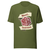 An olive green short-sleeve t-shirt with a graphic of a red 20-sided d20 die and cream banners reading 'Weeeell... Nevermind'