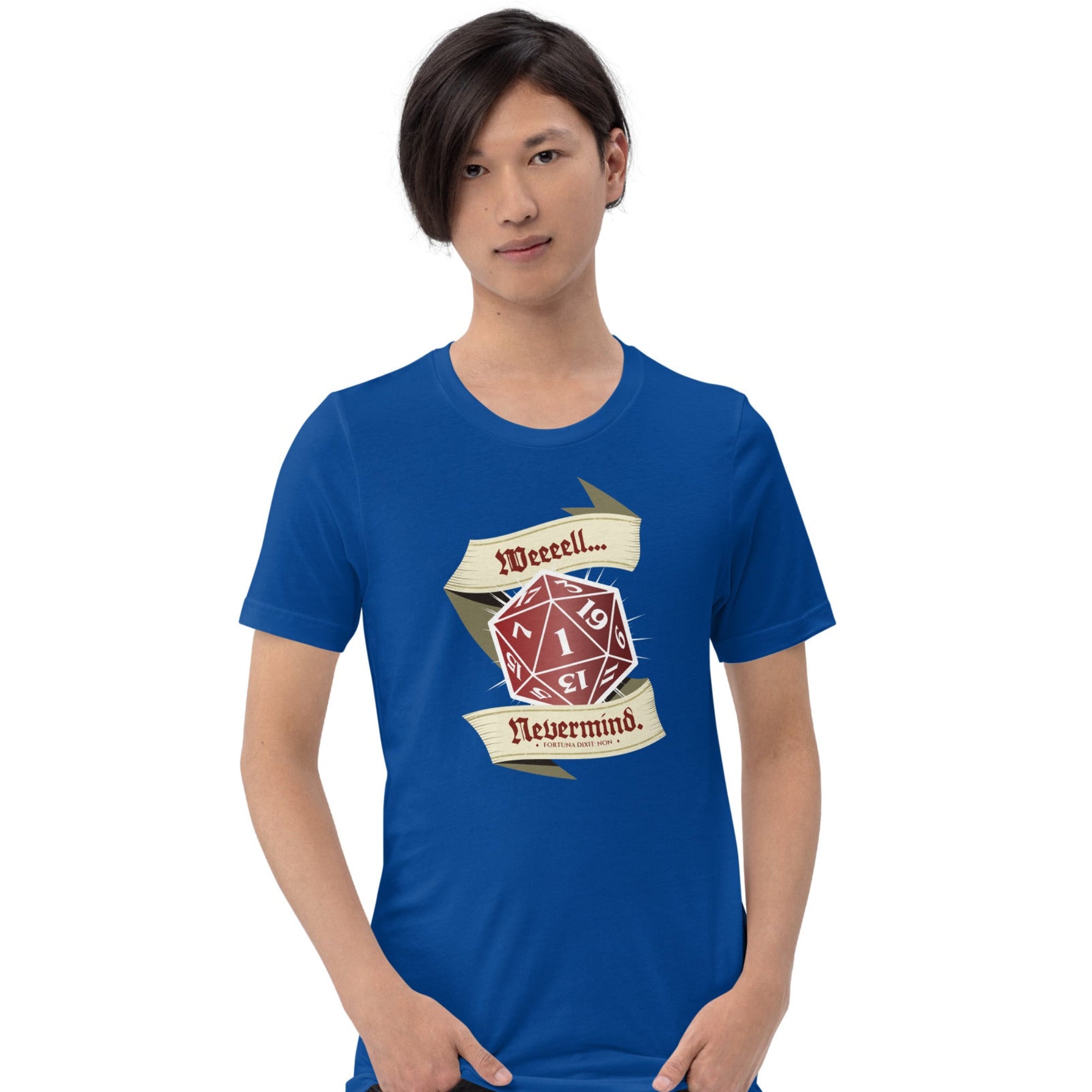 A man wearing a royal blue t-shirt with a red D20 showing a natural 1 graphic that reads 'Weeeell... Nevermind'