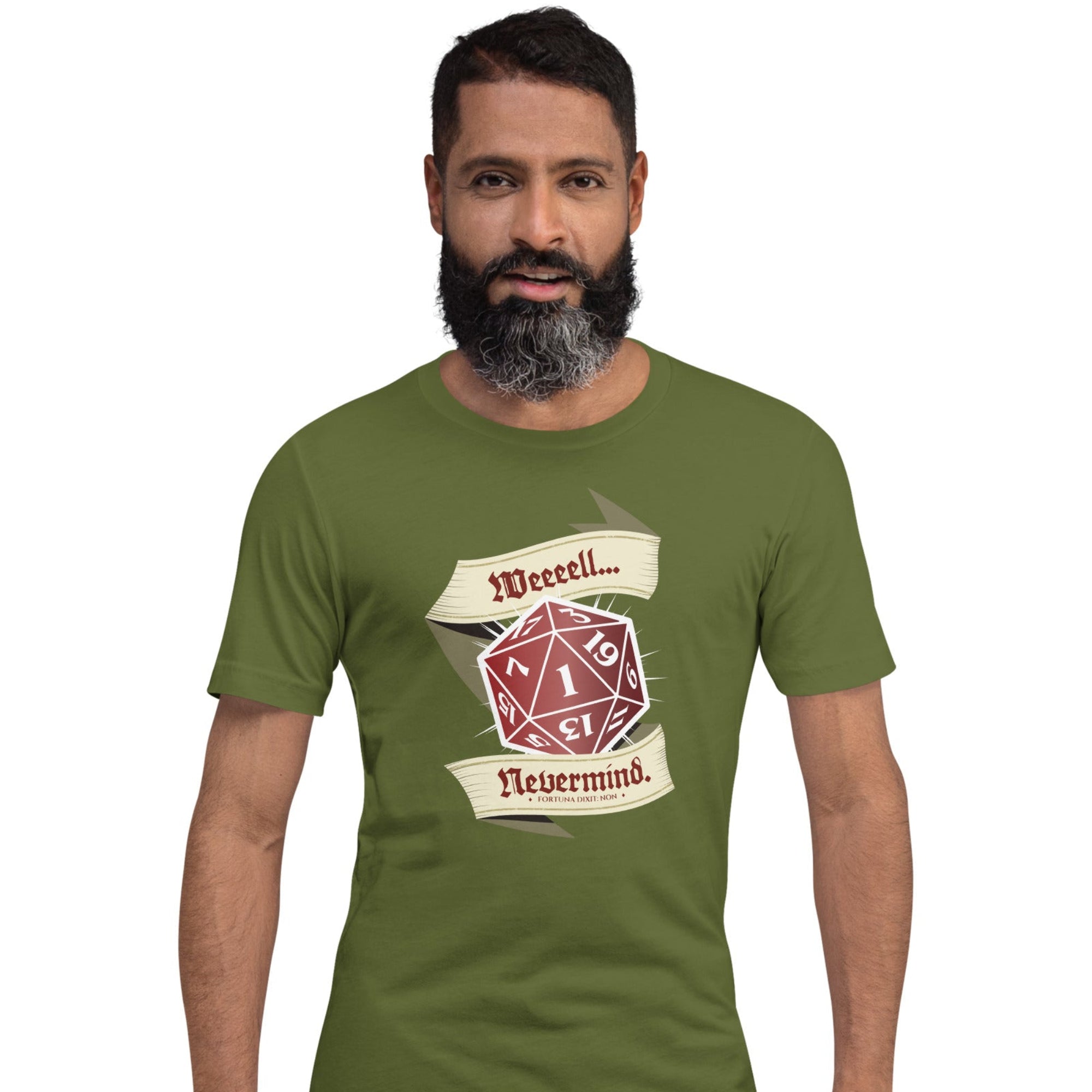 A man wearing an olive green t-shirt with a red D20 showing a natural 1 graphic print that reads 'Weeeell... Nevermind'