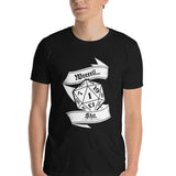 A man wearing a black short-sleeve t-shirt with a white graphic of a 20-sided die and banners reading 'Weeeell Shit'
