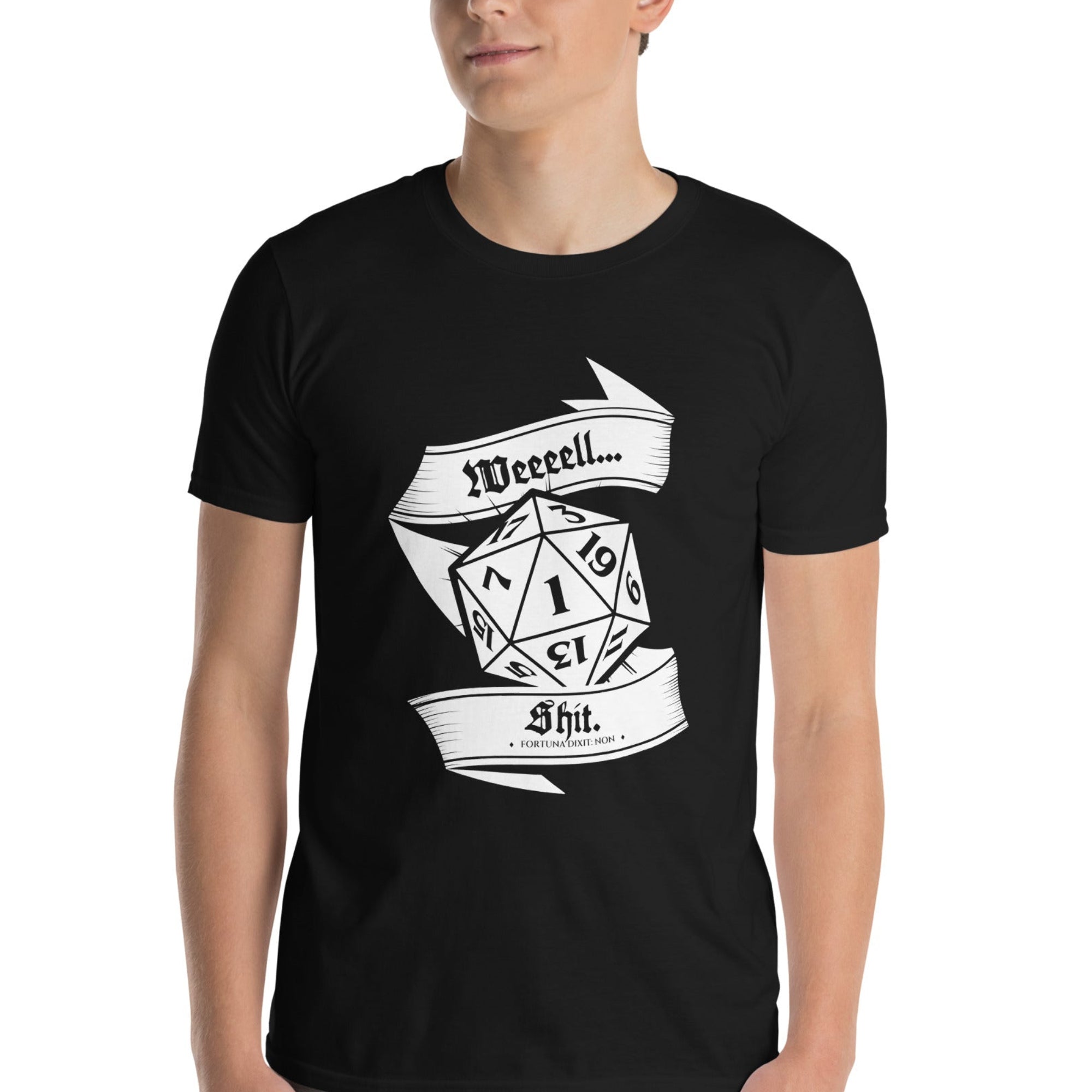 A man wearing a black short-sleeve t-shirt with a white graphic of a 20-sided die and banners reading 'Weeeell Shit'